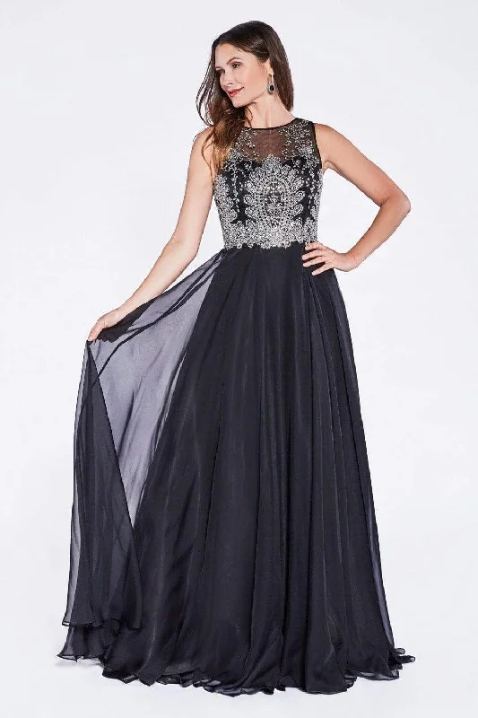 Cinderella Divine - Sleeveless Illusion Metallic Appliqued A-Line Gown A-line party dresses