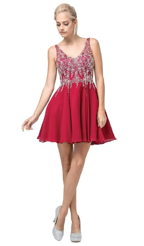 Dancing Queen - 3129 Embellished V-Neck A-Line Cocktail Dress Leather party dresses