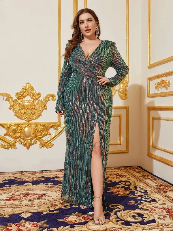 Plus Size V Neck Long Sleeves Sequin Slit Party Dress Fashion Nova party dresses