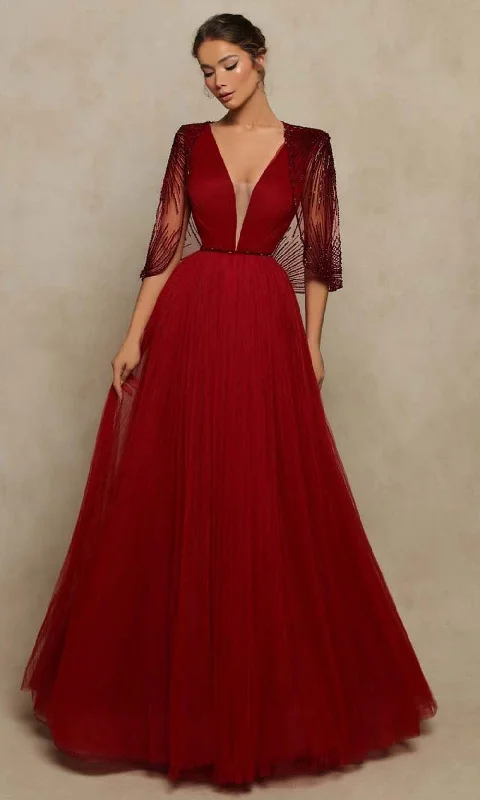 Tarik Ediz - 98053 Cape Sleeve Plunging A-Line Gown Leather party dresses