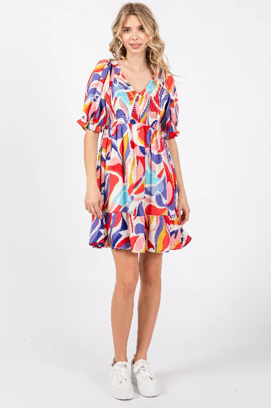 Coral Abstract Print Smocked Dress A-line floral dresses