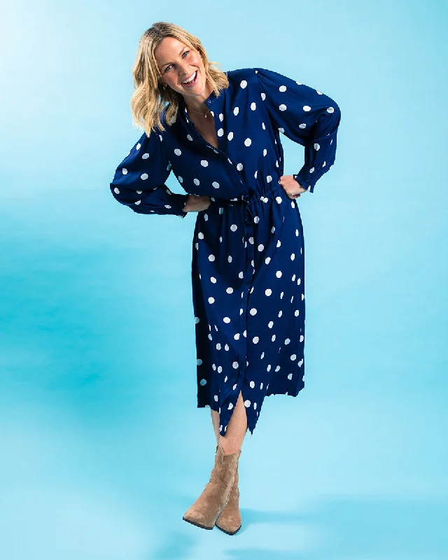 Elm Dotti Dress Navy Spot Print Hot new arrivals in floral dresses