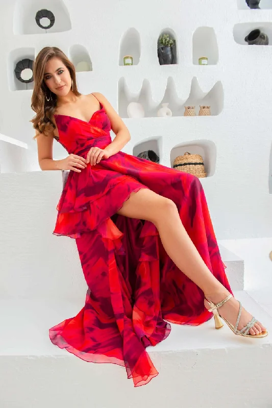 Angelino Fuchsia Printed Long Evening Dress with Low-Rise Legs Elegant floral dresses