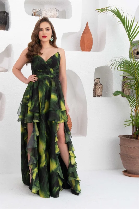 Angelino Green Printed Long Evening Dress with Low-cut Legs Vintage floral dresses