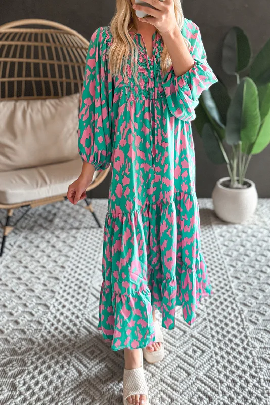 Green Abstract Print Puff Sleeve Tied Notched Neck Long Dress Minimalist floral dresses