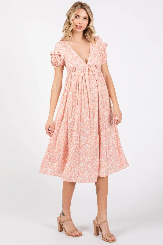 Peach Floral V-Neck Short Sleeve Dress Boohoo floral dresses