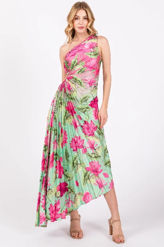 Pink Floral Pleated One Shoulder Cutout Dress Corset floral dresses