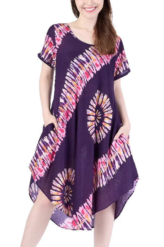 Purple Printed Colorful Dress with Sleeves and Two Pockets Romantic floral dresses