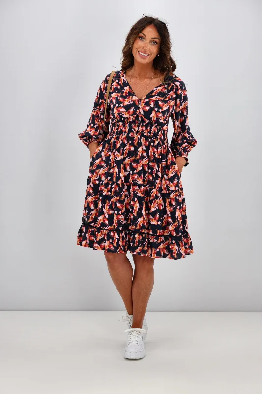 Sunday Boho Ada Dress Bird Print Navy Long floral dresses