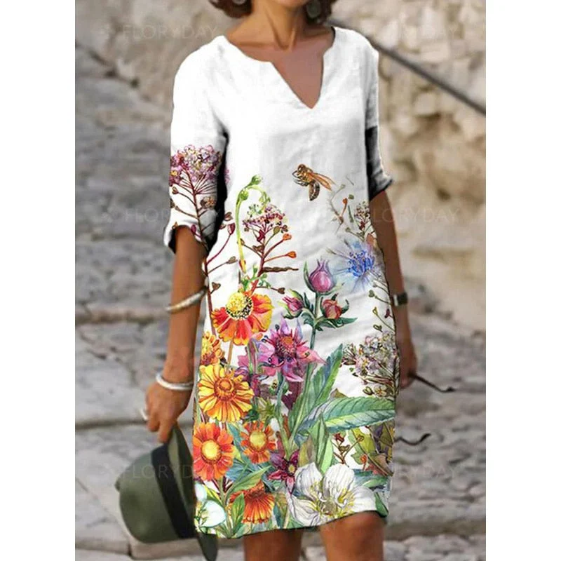 Amy Fashion - Vintage Printed V-neck Knee Length Straight Dresses Floral dresses under $100