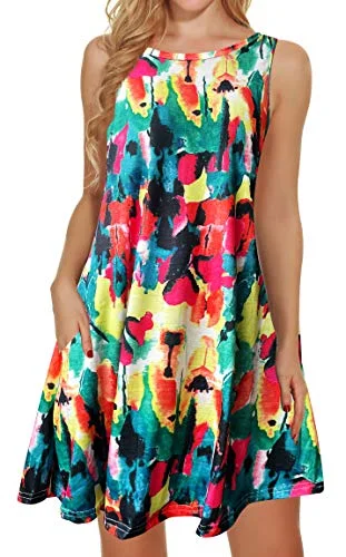 Women Beach Floral Tshirt Sundress Sleeveless Pockets Casual Loose Tank Dress Best floral dresses for tall women