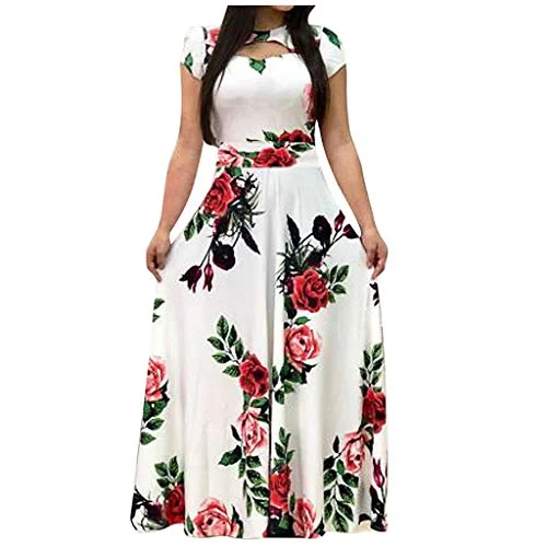 Women Dresses Promotion Sale , Fashion Ladies Short Sleeve Floral Boho Print Long Dress Ladies Casual Dress UK Size 8-26 Petite floral dresses