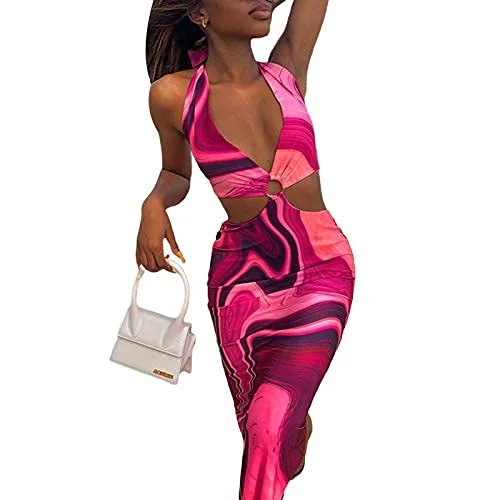 Women 's Sexy Halter Rosy Printed Y2K V-Neck Dress Backless Long Dress E Girl Streetwear Wedding floral dresses