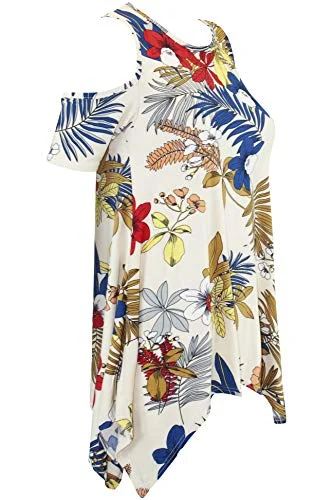 Womens Baggy Floral Print Cut Out Cold Shoulder Oversized Hanky Hem Top Retro floral dresses