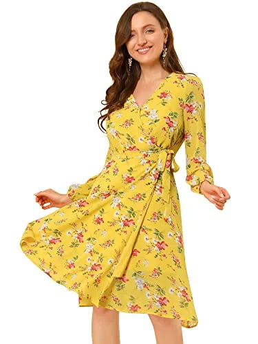 Women's Boho Floral V Neck Long Sleeve Casual Flowy Chiffon Wrap Dress Brunch floral dresses