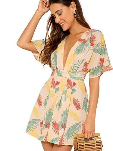 Women's Ditsy Floral Plunge Neck Knot Front A Line Short Dress A-line floral dresses