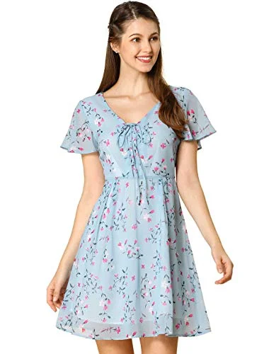 Women's Floral Flouncing Sleeve A-line Lace-up V-Neck Chiffon Dress Vintage floral dresses