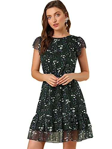 Women's Floral Print Chiffon Above Knee A-Line Layered Ruffle Dress Formal floral dresses