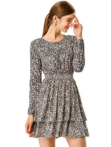 Women's Leopard Print Long Sleeve Smock Layered Ruffle Hem Dress Lightweight floral dresses for hot weather