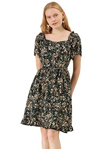 Women's Ruffle Floral Print Sweetheart Neckline Tie Chiffon Fit and Flare Short Sleeve Dress Puff Sleeve Wrap floral dresses