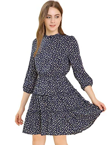 Women's Ruffle Neck 3/4 Sleeve A-Line Vintage Floral Tiered Dress H&M floral dresses