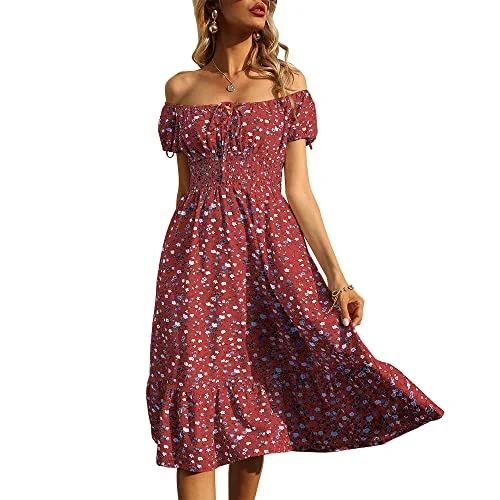 Womens Summer Floral Print Puff Short Sleeve Drawstring Tiered Ruffle Casual A-Line Dress Linen floral dresses