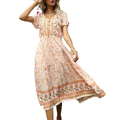 Womens Summer Floral Print V Neck Drawstring Tiered Ruffle Elegant A-Line Dress Knitted floral dresses