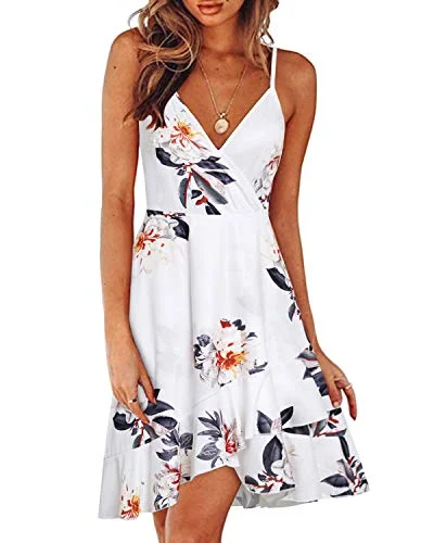 Womens Summer Floral Wrap V Neck Adjustable Spaghetti Casual Ruffle Dress Designer floral dresses