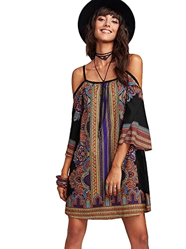 Women's Vintage Print Kimono Sleeve Geometric Tunic Boho Dress Short floral dresses