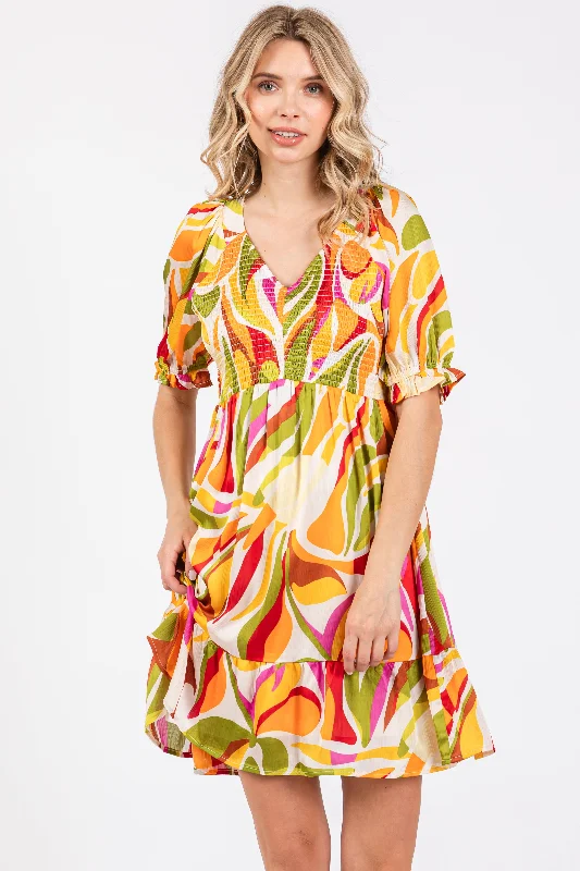 Yellow Abstract Print Smocked Dress Petite floral dresses