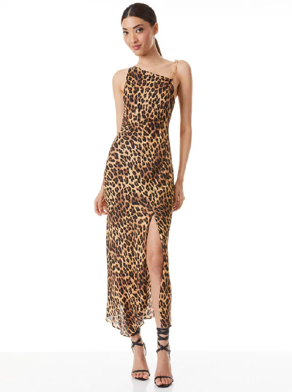 Alice + Olivia - Harmony Chain Strap Drapey Slip Dress - Spotted Leopard Dark Tan Smocked unclassified dresses