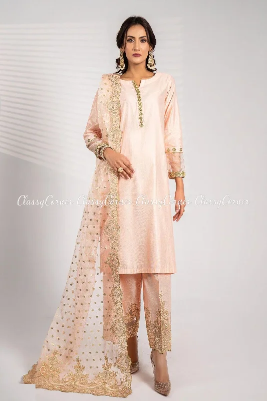 Apricot Peach Katan Embroidered Shalwar Kameez Cotton unclassified dresses