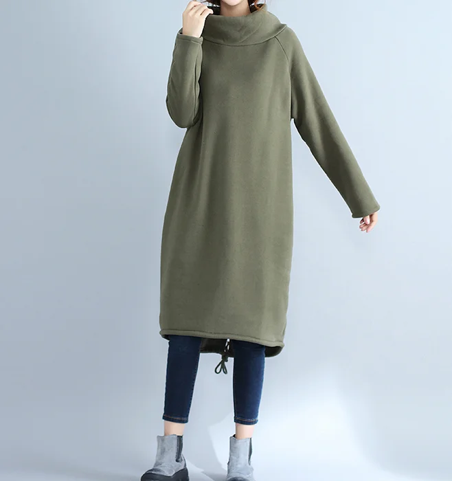 Army Green High Collar Fleece Loose Fall Dresses Casual Women Dresses SSM97213 Preppy unclassified dresses