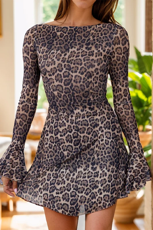 Backless Leopard Flare Sleeve Dress Fashionable unclassified dresses