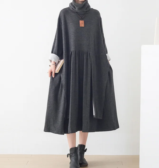 Black Cotton High Collar Autumn Women Dresses Casual Women DressesSSM97219 Unique unclassified dresses