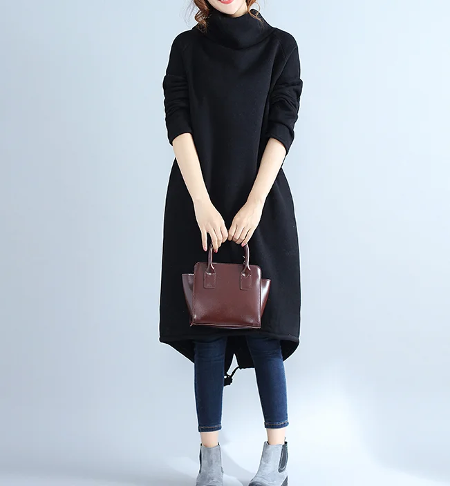 Black High Collar Fleece Loose Fall Dresses Casual Women Dresses SSM97213 Neutral tone unclassified dresses