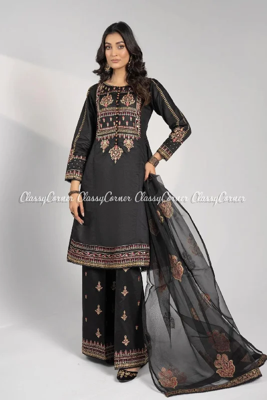 Black Katan Embroidered Readymade Frock Suit Polka dot unclassified dresses