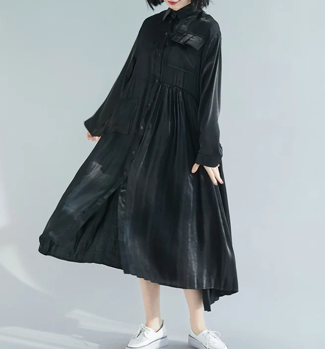 Black Patchwork Pleated Dresses Loose Fall Dresses Casual Women Dresses SSM97213 Velvet unclassified dresses