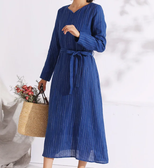 Blue Autumn linen Women Dresses Casual Fleece Lining Women Dress SSM97215 Petite unclassified dresses