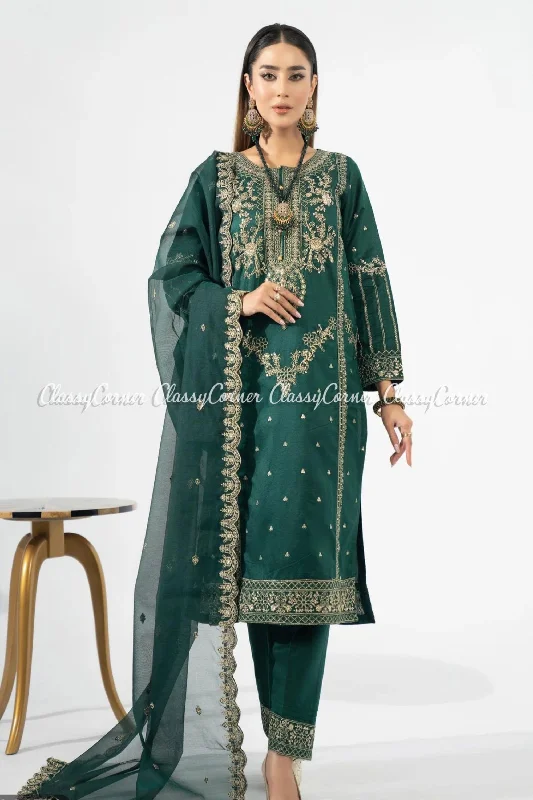 Bottle Green Katan Embroidered Formal Wear Suit Beach unclassified dresses