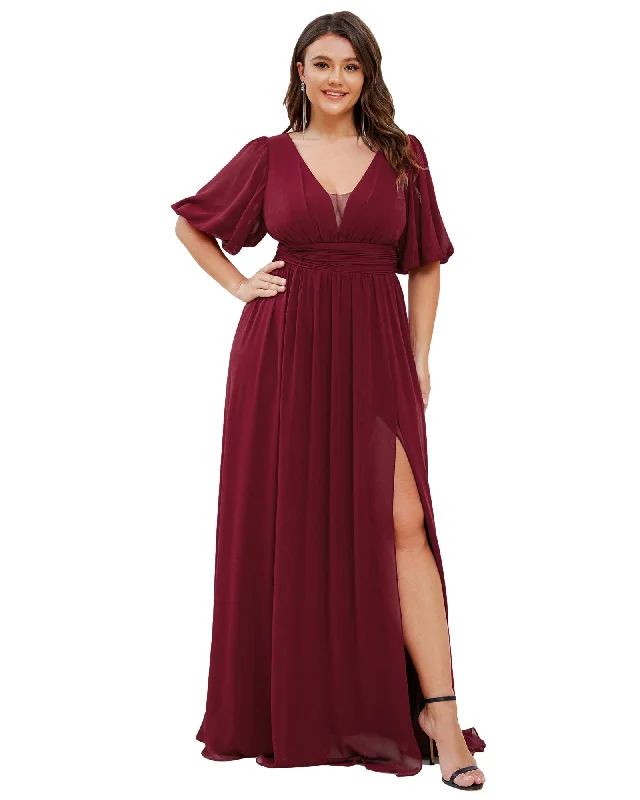 Chiffon Illusion V-Neck Flutter Sleeve Front Slit Evening Dress | Burgundy Soft fabric unclassified dresses