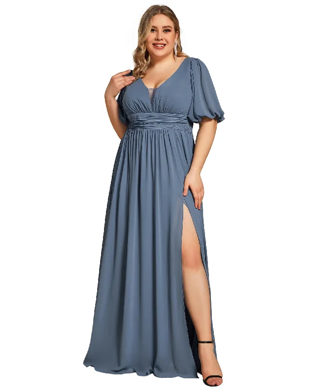 Chiffon Illusion V-Neck Flutter Sleeve Front Slit Evening Dress | Dusty Navy Lace unclassified dresses