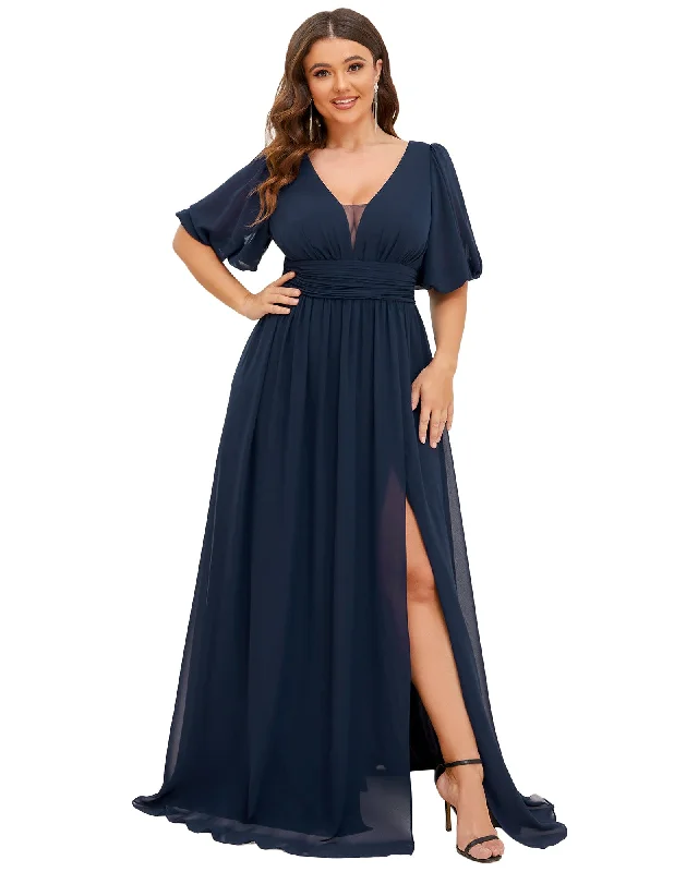 Chiffon Illusion V-Neck Flutter Sleeve Front Slit Evening Dress | Navy Blue Discounted unclassified dresses