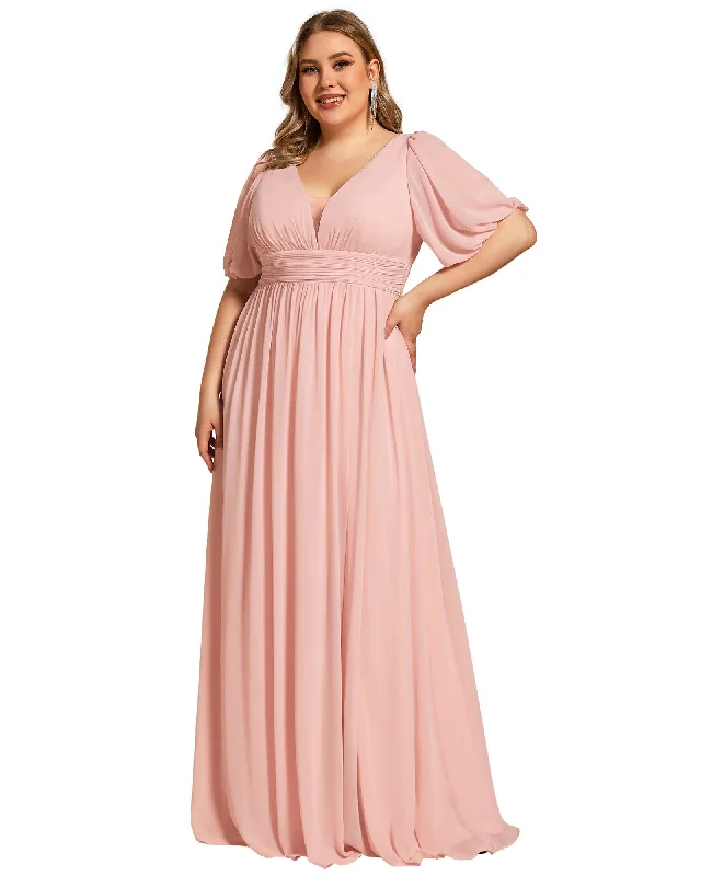 Chiffon Illusion V-Neck Flutter Sleeve Front Slit Evening Dress | Pink Floral unclassified dresses