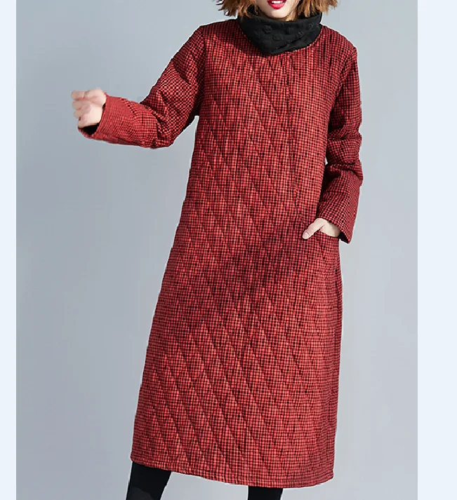 Red Winter Checked Dresses Loose Fall Dresses Casual Women Dresses SSM97213 Stylish unclassified dresses