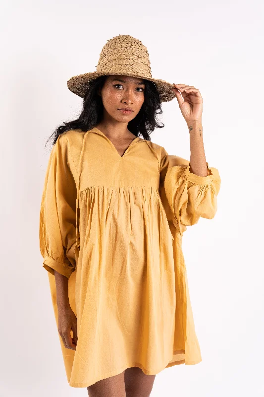 Amelia Cotton Boho Dress in Caramel With Billowing Sleeves and Front Tie High-low unclassified dresses