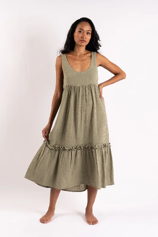 Eva Cotton Sleeveless Mid Length Green Dress With Wide Bottom Frill Fall unclassified dresses