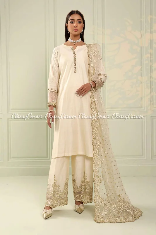 Cream White Golden Katan Readymade Suit Festival unclassified dresses