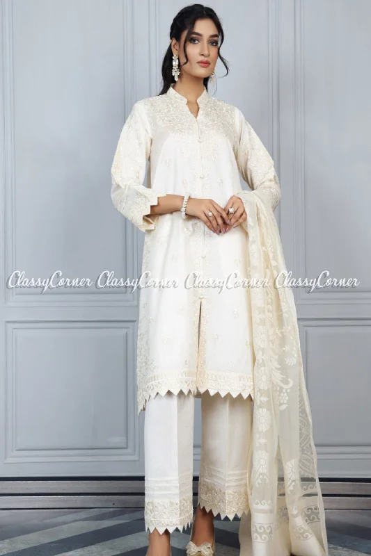 Cream White Katan Embroidered Formal Wear Salwar Kameez Outfit Denim unclassified dresses