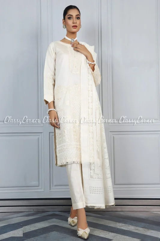 Cream White Katan Embroidered Formal Wear Suit Metallic unclassified dresses